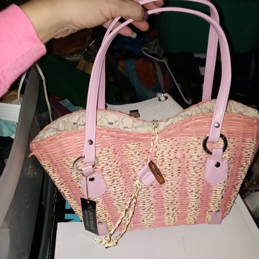 Wicker Basket like Woven Pink Purse